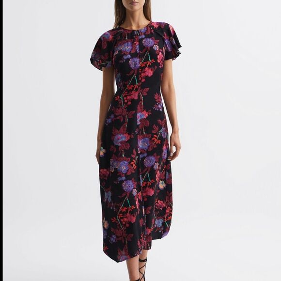 REISS Womens Leni Dark Floral Romantic Flutter Sleeve Midi Dress Black Size 8 - Picture 1 of 6